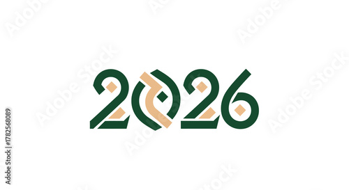 Elegant and sophisticated design the year 2026 with unique, geometric pattern integrated into the typography, using dark green and beige colors
