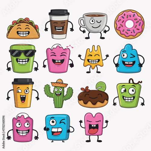 Food Fiesta Happy Snack & Drink Characters in Cartoon Style