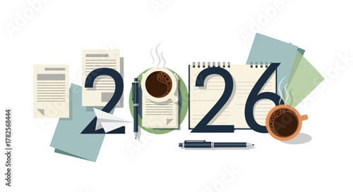 The year 2026 represented by office supplies, documents, and coffee cups, symbolizing planning and work