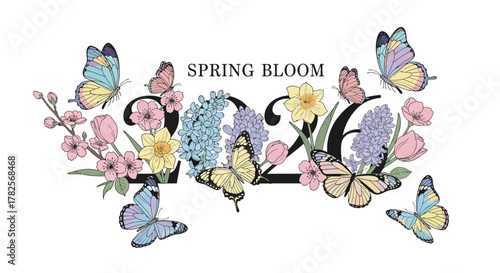 Spring bloom with butterflies and the year 2026, celebrating renewal and natures beauty