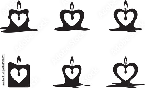 Set of six black silhouette candles with heart-shaped cutouts, some melting, symbolizing love, loss, memory and spiritual light.