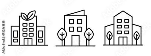 Eco friendly sustainable city buildings architecture urban design green building line art vector icons