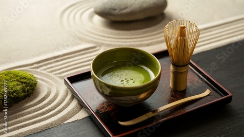 traditional Japanese matcha traditional Japanese matcha in tea ceremony set with bamboo whisk traditional Japanese matcha in zen style background