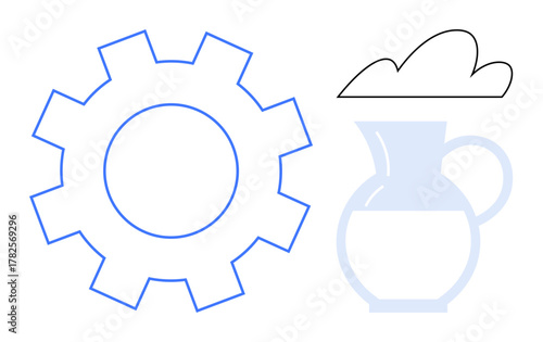 Simple blue gear, black cloud outline, and transparent pitcher design. Ideal for technology, environment, productivity, innovation, creativity sustainability energy concepts. Clean flat metaphor