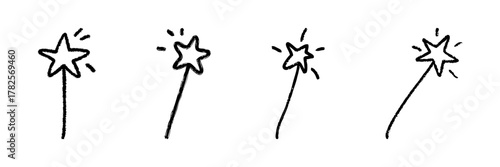 Magic Wand Star Line Icon Set In Doodle Style. Enchantment, Fantasy, And Wizardry Symbol Outline Sketch Collection. Magical Tool For Spells And Illusions. Hand Drawn Isolated Vector Illustration