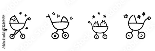 Baby Stroller Line Icon Set In Doodle Style. Infant Care, Parenting, And Child Transportation Outline Sketch Collection. Newborn Essentials. Hand Drawn Isolated Vector Illustration