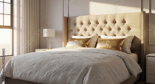 Wallpaper Mural Golden Hour Opulence: Sunlit Luxury Bedroom with Tufted Headboard and Silk Pillows Torontodigital.ca