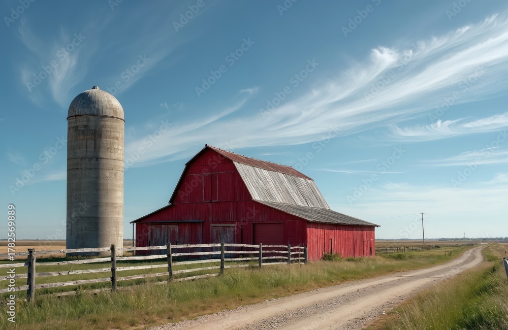 Obraz premium Red barn and concrete silo stand on grassy farm next to dirt road under wispy sky. Old agricultural building with weathered wood fence in Midwest USA country. Peaceful rural scene with open space.