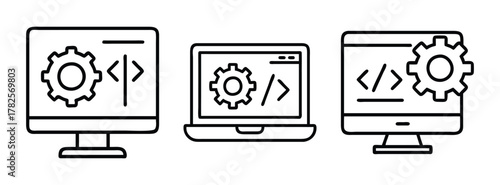 Programming development software coding gear icon on laptop and desktop computer design vector