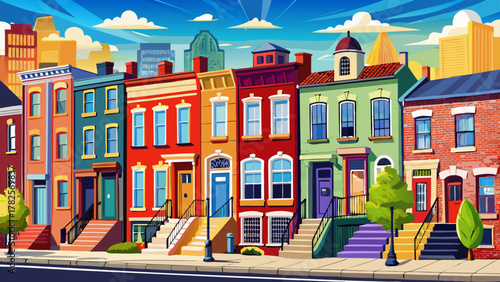 Very beautiful view of colorful row houses in Baltimore, Maryland, USA, showcasing landmark architecture, vibrant facades, and a realistic charming urban streetscape.