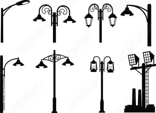 Flat vector silhouette set of street lamps, vintage and modern outdoor lighting fixtures, urban infrastructure, solar energy, city design illustration