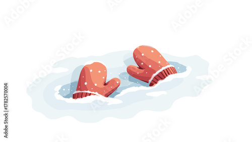 Child’s mitten dropped in snow, pair of red gloves lying in soft snowdrift under winter sunlight, cozy seasonal concept