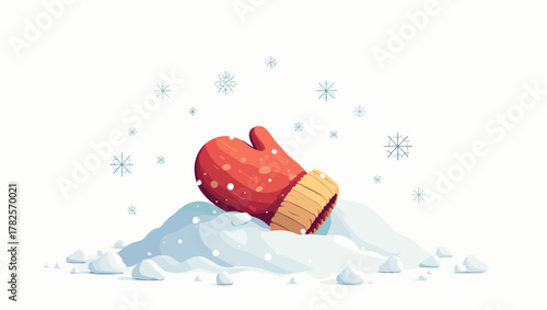 Child’s mitten dropped in snow, bright red glove on small snow hill with falling snowflakes, winter fairy tale concept