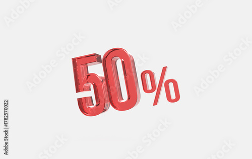 3d red glass 50% sign icon on isolated background	
