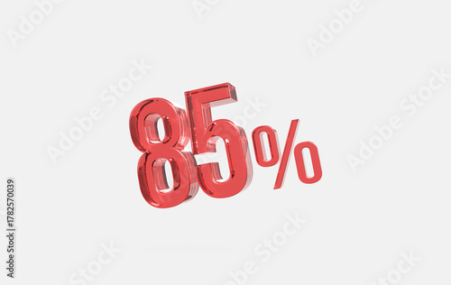 3d red glass 85% sign icon on isolated background	
