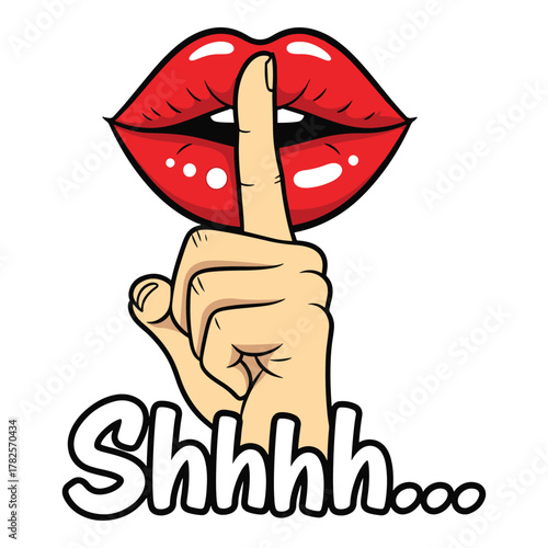 Red lips with finger to lips gesture and shhh text conveying silence secrecy and quiet