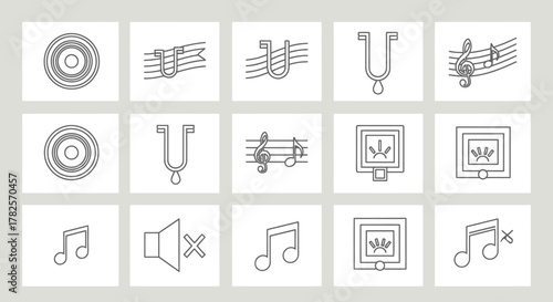 Linear Icons Set: Music Notes, Tuning Fork, Vinyl Record, and Mute Symbol