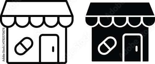 Pharmacy Drugstore Building Icon. Medicine Shop, Health Capsule, and Retail Storefront Symbol.eps