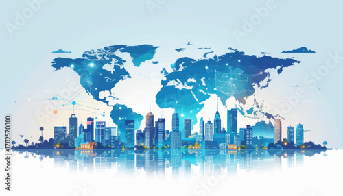 Global network connecting modern city skylines