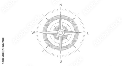 Detailed Compass Rose Illustration with Cardinal Directions and Circular Markings