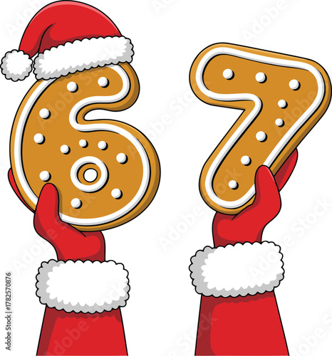 Gingerbread numbers six and seven with santa hats and mittens