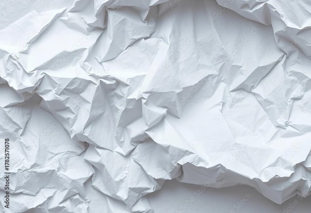 Obraz premium Close-up of crumpled white paper texture, showing creases and folds, abstract, grungy