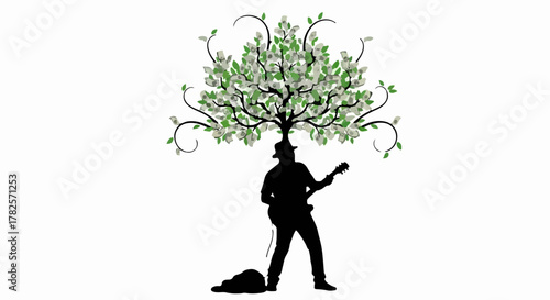 Musician's silhouette with a tree of life growing from their hat, symbolizing creativity and growth.