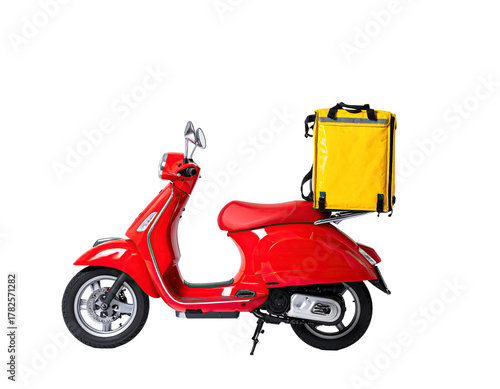 A vibrant red scooter with a yellow delivery bag isolated against a stark black background