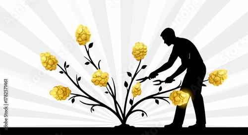 Silhouette of a farmer harvesting golden hops in a stylized garden
