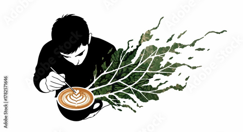 Artist creating intricate latte art with swirling leaves emerging from coffee