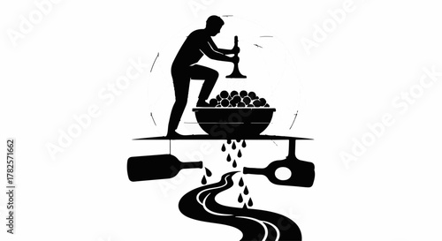 Silhouette of person stomping grapes for wine production, symbolizing traditional winemaking.