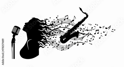 Silhouette of a woman singing with a saxophone and musical notes flowing from her hair, evoking jazz music.