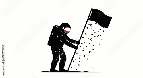Astronaut plants a dissolving flag on an alien planet, representing exploration and the unknown.