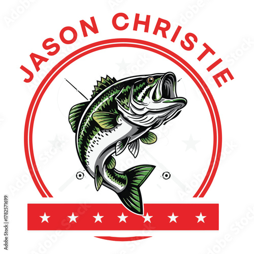 Dynamic illustration of a largemouth bass leaping from water within a circular logo design
