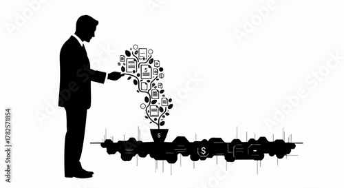 Businessman nurturing a plant of ideas and success symbols