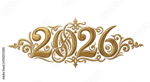 Luxurious and ornate golden typography the year 2026, embellished with intricate swirls and decorative elements, conveying elegance and sophistication for special occasion