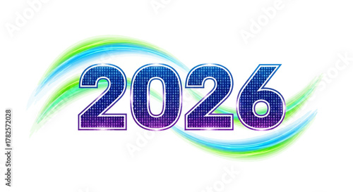 The year 2026 stylized with shimmering, glowing effect and abstract light trails