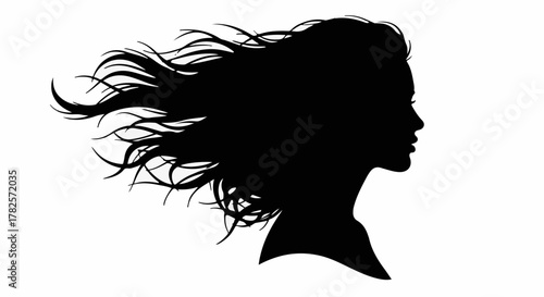 Silhouette of a woman with flowing hair, depicted in profile against a white background.