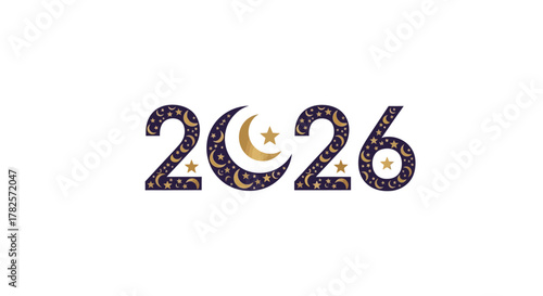 The year 2026 stylized with crescent moon and stars, evoking sense wonder, magic, and the passage time