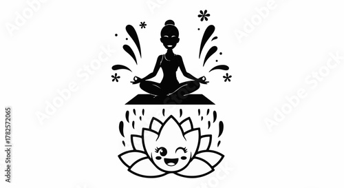 Serene silhouette meditating in lotus pose above a joyful, winking lotus flower illustration