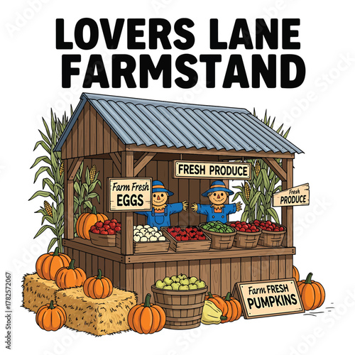Charming rustic farm stand with scarecrows and fresh produce displayed for autumn harvest season