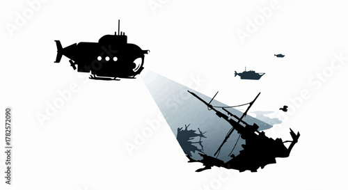 Submarine illuminates sunken shipwreck on ocean floor with powerful beam