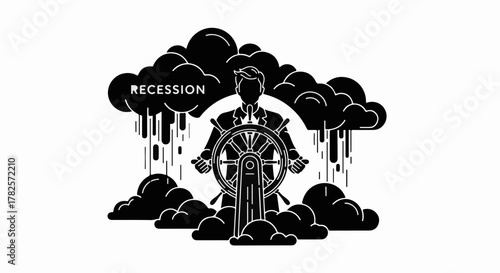 Man steering through economic storm clouds labeled recession