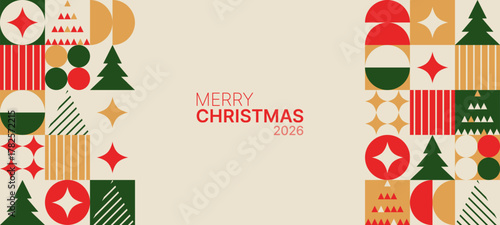 Merry Christmas 2026 geometric pattern with festive elements like fir tree, star, and circle for greeting card or banner template.