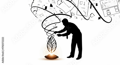 Silhouette of a person nurturing a glowing idea represented by a leaf
