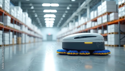 An automated floor scrubber operates in a vast warehouse. This robot navigates rows of stacked goods on shelves. It ensures a clean working environment with smart technology.