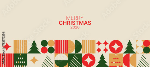 Merry Christmas 2026 geometric pattern holiday background with abstract shapes, christmas tree, and star for winter celebration.