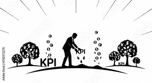 Businessman planting seeds of success, growing a tree of wealth and profit.