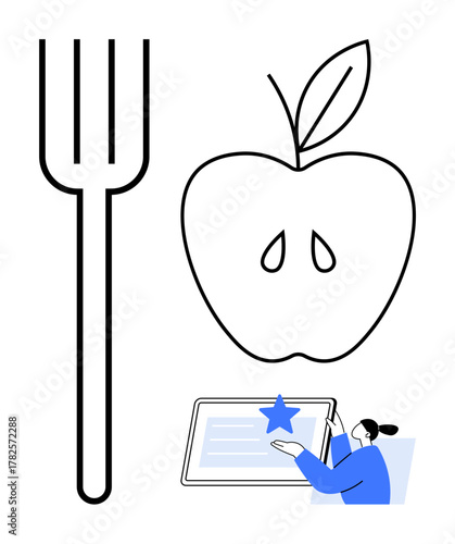 Fork and apple symbolize wellness and nutrition, while a figure reviews content on a tablet. Ideal for wellness, education, technology, food, healthy lifestyle, learning, and digital interaction