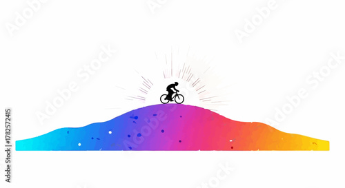 Silhouette of a cyclist reaching the summit of a vibrant, rainbow-colored hill at sunrise.